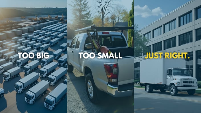 A three-part image comparing exterior service providers: a large fleet of trucks labeled “Too Big,” a small pickup with tools labeled “Too Small,” and a single box truck outside an office building labeled “Just Right,” representing the ideal service partner size.