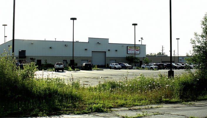 A commercial site with overgrown vegetation