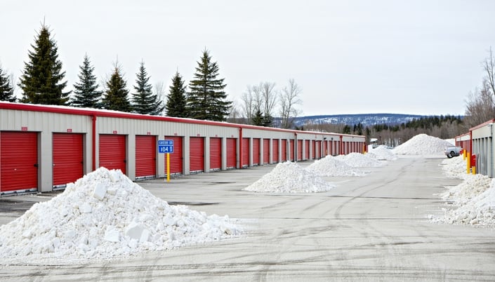 A snow-covered self-storage facility with cleared drive aisles and visible keypad access.