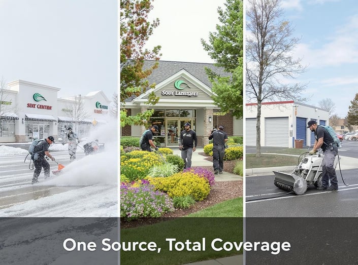 Crew of uniformed workers performing landscaping, pressure washing, and snow removal at a commercial property—representing bundled exterior services from a single provider.