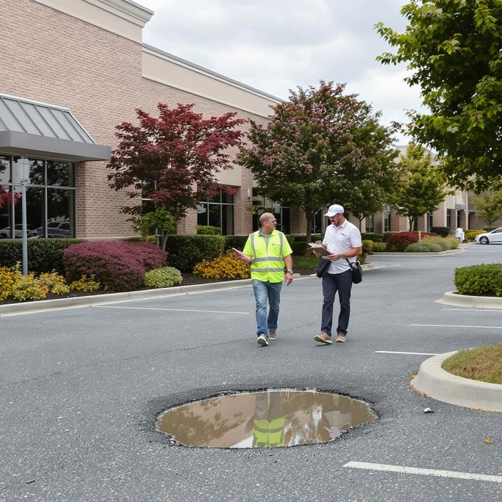 A commercial property with a facility manager conducting a site walkthrough in a parking lot with a pothole, clipboard in hand, with visible summer landscaping 